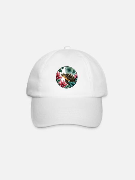 Schildkröte mit tropischen Pflanzen - Baseballkappe - Weiß/Weiß