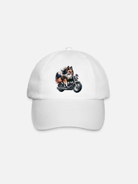 Collie Biker Auf Chopper Motorrad Mit Brille - Baseballkappe - Weiß/Weiß