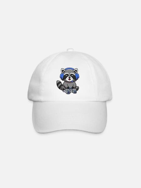Waschbär beim Gamen - Baseballkappe - Weiß/Weiß
