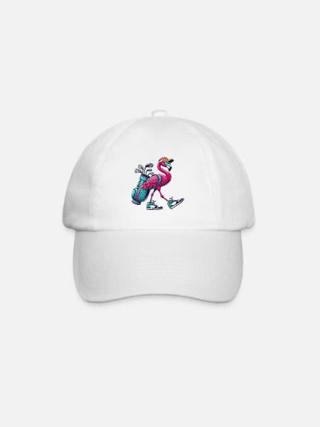 Lustiger Flamingo-Golfer-Cartoon Cooles Golftier - Baseballkappe - Weiß/Weiß