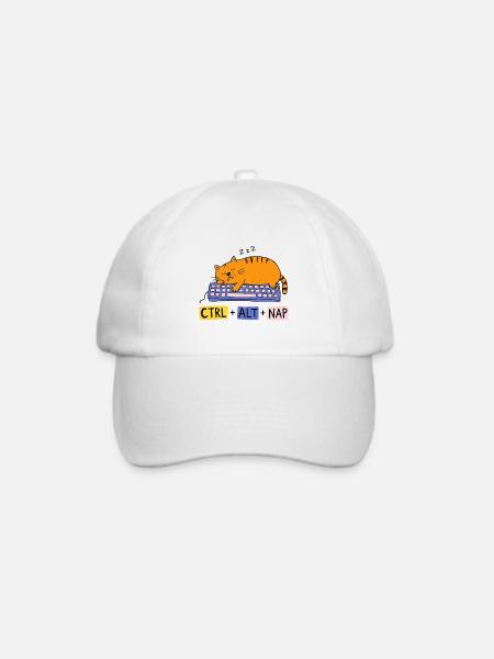 Lustiges "Strg + Alt + Nickerchen"-Nerdy Tastatur-Katzen-Design - Baseballkappe - Weiß/Weiß