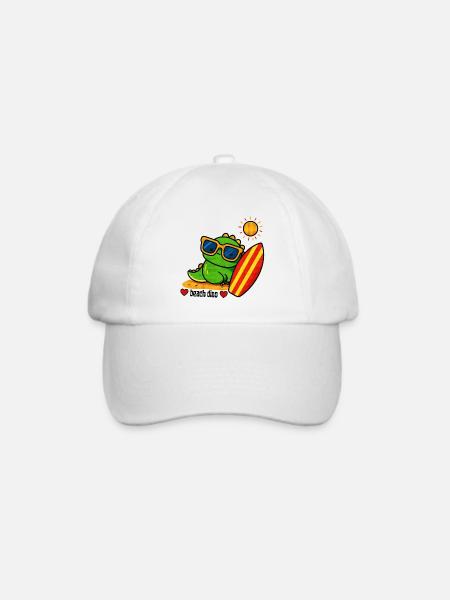 Strand-Dino mit Surfbrett - Baseballkappe - Weiß/Weiß
