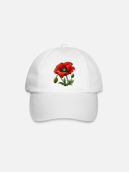 Roter Mohn: Blühende Illustration - Baseballkappe - Weiß/Weiß