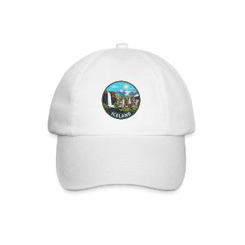 Island-Reiseabzeichen Skogafoss-Wasserfallvulkan - Baseballkappe - Weiß/Weiß - Vorne