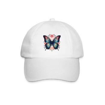 Blauer Schmetterling und Blumenblüten - Baseballkappe - Weiß/Weiß - Vorne