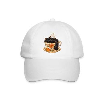 Schwarze Katze in einer floralen Teetasse – Herbstillustration - Baseballkappe - Weiß/Weiß - Vorne