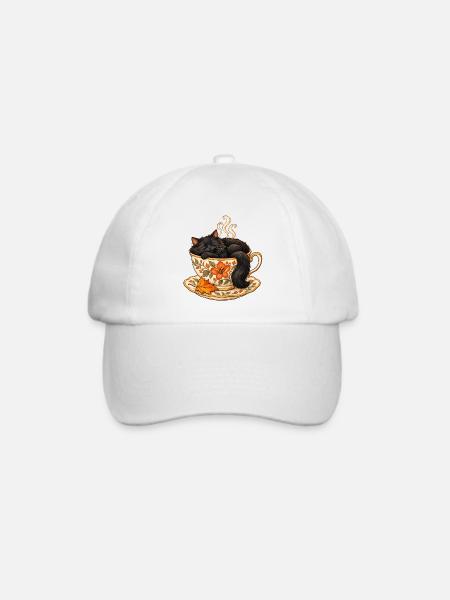Schwarze Katze in einer floralen Teetasse – Herbstillustration - Baseballkappe - Weiß/Weiß