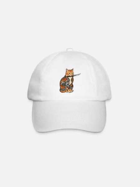 Tattoo Katze mit Messer - Baseballkappe - Weiß/Weiß