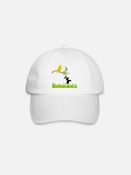 Sonniger Singvogel und Neugierige Katze - Baseballkappe - Weiß/Weiß
