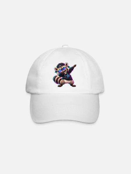 Waschbär mit Sonnenbrille – Cooler Dab Dance - Baseballkappe - Weiß/Weiß