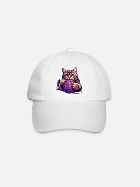 Katze spielt mit einem Wollknäuel - Baseballkappe - Weiß/Weiß