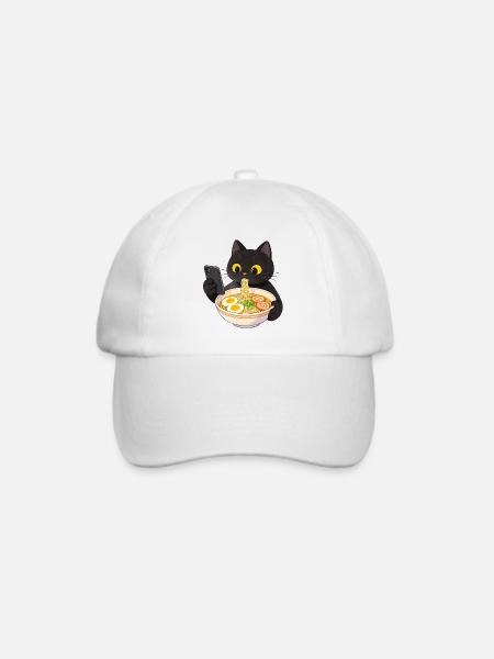 Schwarze Katze mit Smartphone und Ramen Nudeln - Baseballkappe - Weiß/Weiß