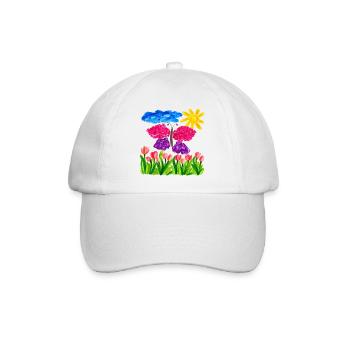 Farbenfroher Schmetterlingsgarten – Sonnenschein & Tulpen - Baseballkappe - Weiß/Weiß - Vorne