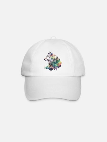 Wolf Wolfskopf Natur Wildnis Wald Bäume Kunst - Baseballkappe - Weiß/Weiß