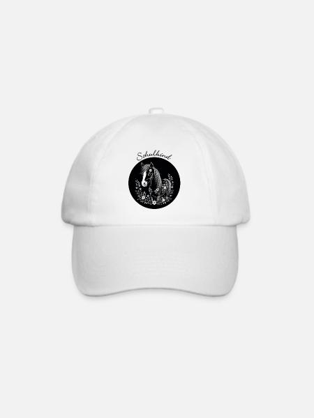 Pony mit Blumen - schwarz weiß – Schulkind - Baseballkappe - Weiß/Weiß