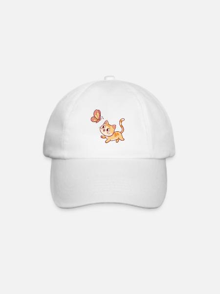 Neugierige Katze und Schmetterling - Baseballkappe - Weiß/Weiß