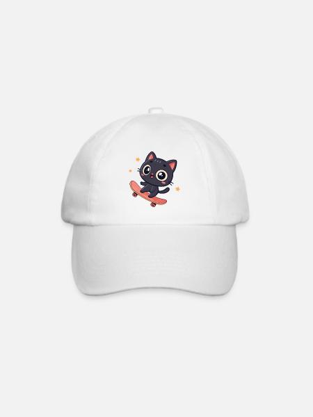 Kawaii-Katze auf Skateboard - Baseballkappe - Weiß/Weiß