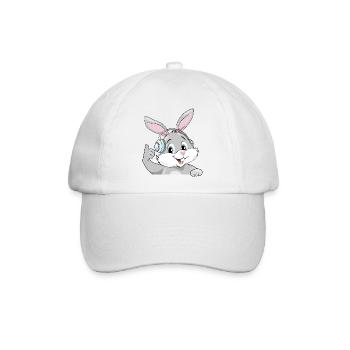 Lächelnder zufriedener Hase mit Kopfhörern - Baseballkappe - Weiß/Weiß - Vorne