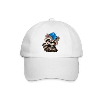 Punk Waschbär mit blauem Iro – Stickmotiv Optik - Baseballkappe - Weiß/Weiß - Vorne