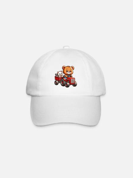 Teddybär und Kätzchen fahren Traktor mit Anhänger - Baseballkappe - Weiß/Weiß