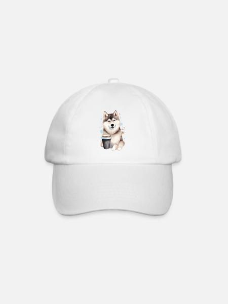 Husky mit Kaffee -Aquarellstil - Baseballkappe - Weiß/Weiß