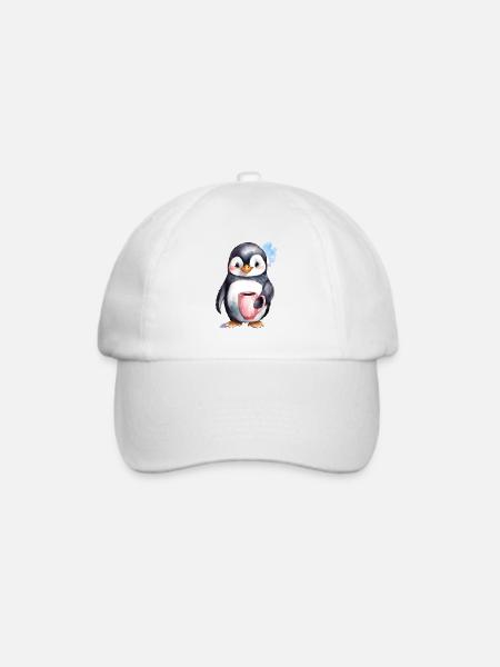 Pinguin mit Kaffee -Aquarellstil - Baseballkappe - Weiß/Weiß