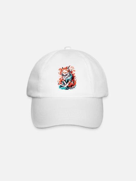 Wellen der Fantasie: Eleganter japanischer Kitsune-Fuchs - Baseballkappe - Weiß/Weiß