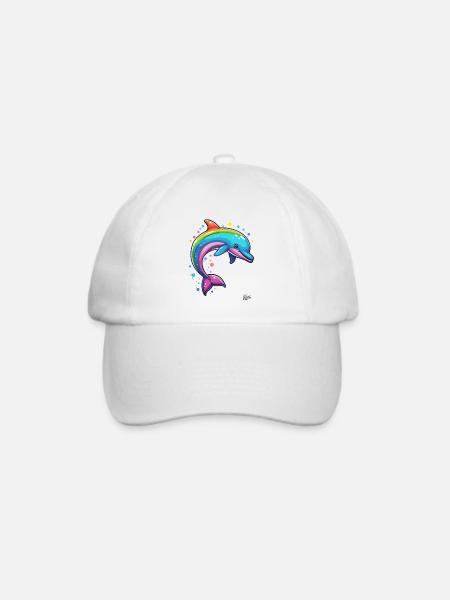 Bunt und fröhlich: Regenbogen Glücklicher Delfin - Baseballkappe - Weiß/Weiß