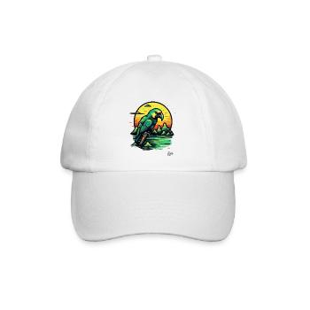 Sonnenuntergang und ein grüner Papagei - Baseballkappe - Weiß/Weiß - Vorne