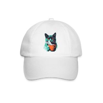 Katze mit Kaffeetasse und leuchtenden Augen - Baseballkappe - Weiß/Weiß - Vorne