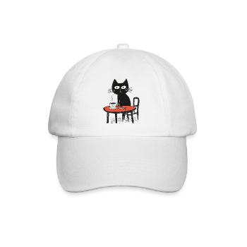 Naive Katze mit Kaffee und Fisch am Tisch - Baseballkappe - Weiß/Weiß - Vorne