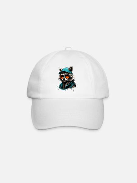 Cooler Waschbär mit Sonnenbrille und Cap - Baseballkappe - Weiß/Weiß