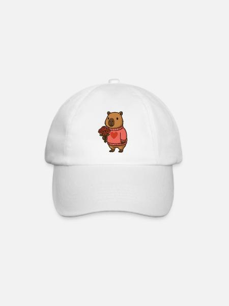 Capybara mit Rosenstrauß – Süßes Valentinsmotiv - Baseballkappe - Weiß/Weiß