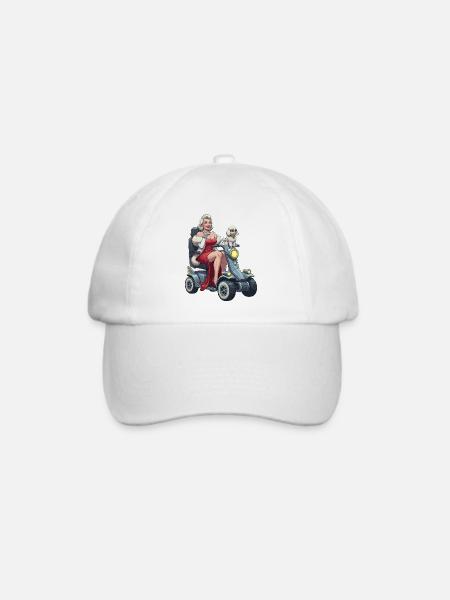 Pinup-Diva auf Mobilitätsroller und Hund - Baseballkappe - Weiß/Weiß