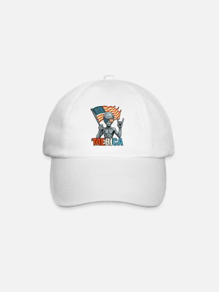Alien Hält Amerikanische Flagge - Baseballkappe - Weiß/Weiß