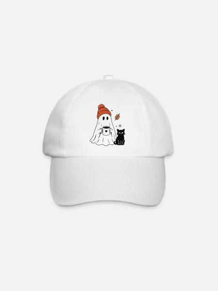 Süßer Geist mit Mütze & Katze – Cozy Halloween - Baseballkappe - Weiß/Weiß