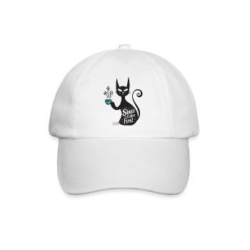 Schwarzer Kaffee und schwarze Katze, Shhh Kaffee zuerst - Baseballkappe - Weiß/Weiß - Vorne