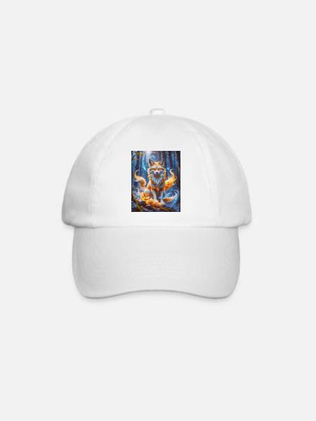Eleganter mehrschwänziger Kitsune mit leuchtendem Fuchsfeuer - Baseballkappe - Weiß/Weiß