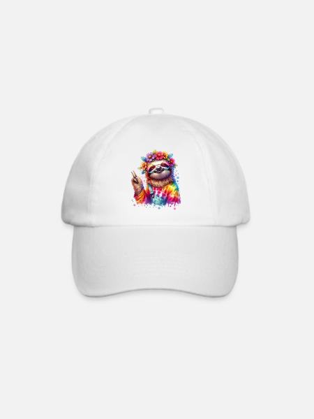 Hippie Faultier - Flower Power - Peace Zeichen - Baseballkappe - Weiß/Weiß