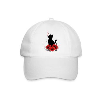Schwarze Katze & Rote Mohnblume - Baseballkappe - Weiß/Weiß - Vorne
