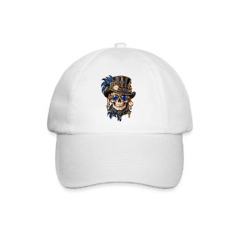 Totenkopf, Totenkopf, Steampunk-Hut, blaue Federn - Baseballkappe - Weiß/Weiß - Vorne