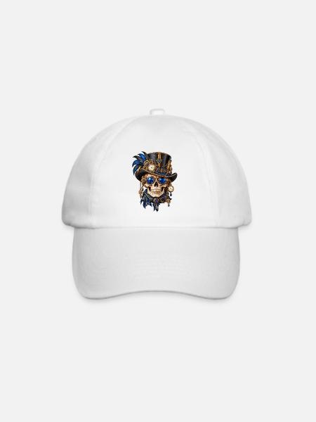 Totenkopf, Totenkopf, Steampunk-Hut, blaue Federn - Baseballkappe - Weiß/Weiß