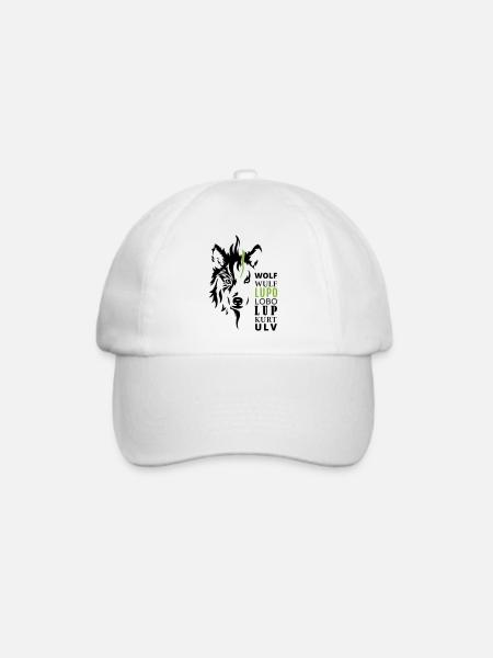 GOWILD Wolfmotiv - mit 7 Sprachen - Baseballkappe - Weiß/Weiß
