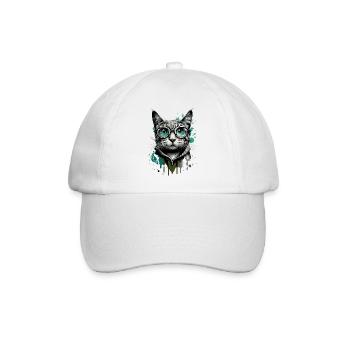 Katze mit Brille - Nerd Katze - Katzengesicht - Baseballkappe - Weiß/Weiß - Vorne