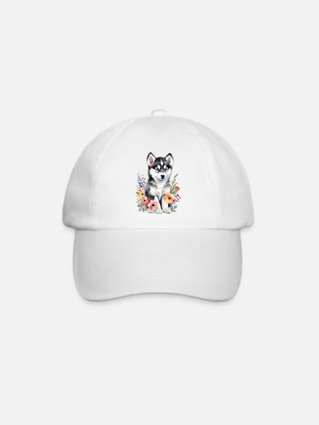 Husky Baby Welpe süß niedlich Aquarell Zeichnung - Baseballkappe - Weiß/Weiß