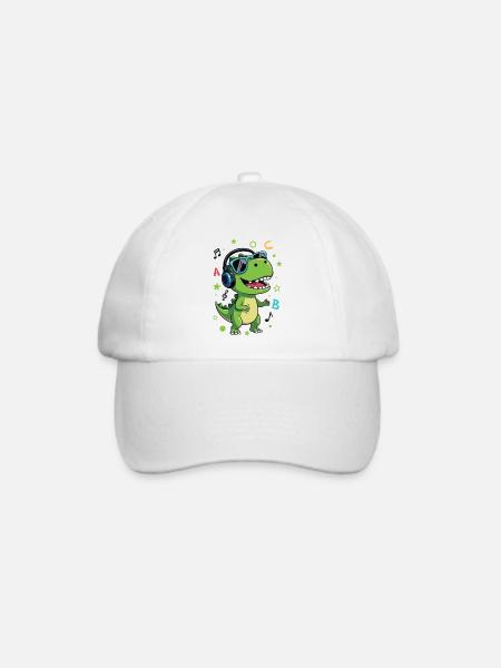 Grüner T-Rex mit Kopfhörer ABC - Schulanfang - Baseballkappe - Weiß/Weiß