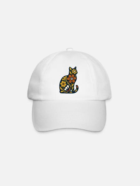 Blütenkatze Folk-Art Muster - Baseballkappe - Weiß/Weiß