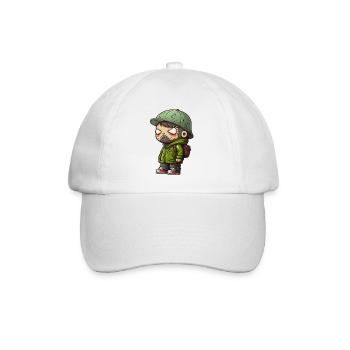 Cool Cartoon Figur mit Rucksack auf Sherlock Mütze - Baseballkappe - Weiß/Weiß - Vorne