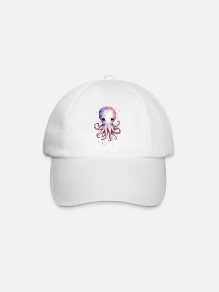 Kawaii Aquarell Oktopus - Entzückendes Meerestier - Baseballkappe - Weiß/Weiß
