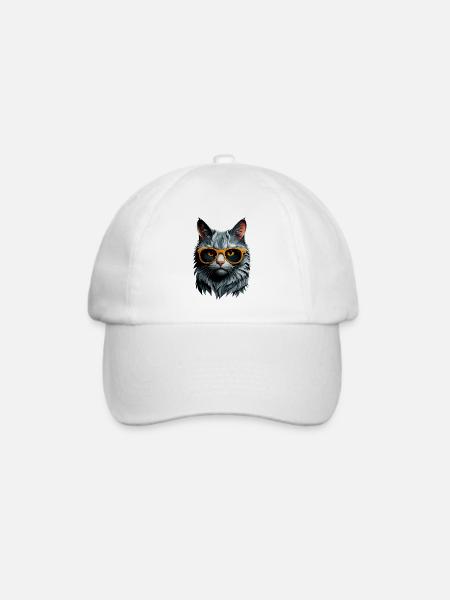 Katzensommer: Katze mit Orange-Sonnenbrille - Baseballkappe - Weiß/Weiß